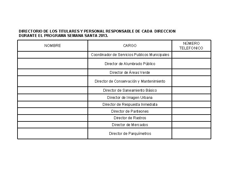 DIRECTORIO DE LOS TITULARES Y PERSONAL RESPONSABLE DE CADA DIRECCION DURANTE EL PROGRAMA SEMANA