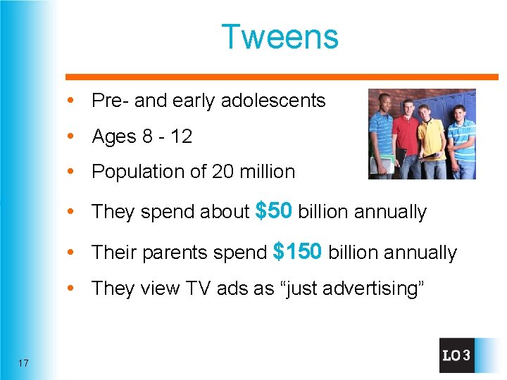 Tweens Pre- and early adolescents Ages 8 - 12 Population of 20 million They