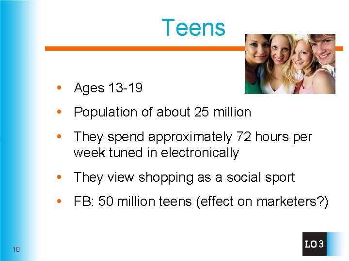 Teens Ages 13 -19 Population of about 25 million They spend approximately 72 hours