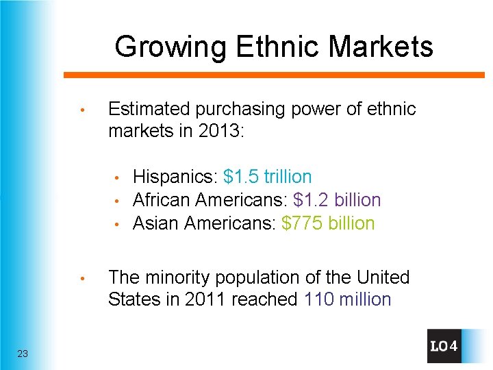 Growing Ethnic Markets • Estimated purchasing power of ethnic markets in 2013: Hispanics: $1.