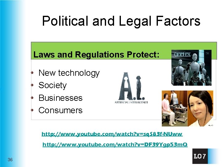 Political and Legal Factors Laws and Regulations Protect: New technology Society Businesses Consumers http: