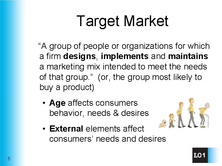 Target Market “A group of people or organizations for which a firm designs, implements