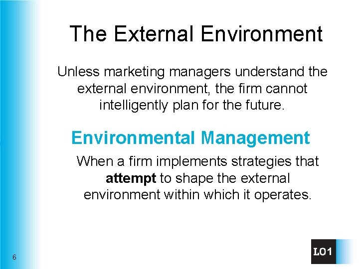 The External Environment Unless marketing managers understand the external environment, the firm cannot intelligently