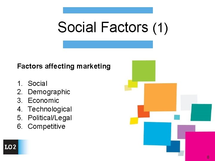 Social Factors (1) Factors affecting marketing 1. 2. 3. 4. 5. 6. Social Demographic
