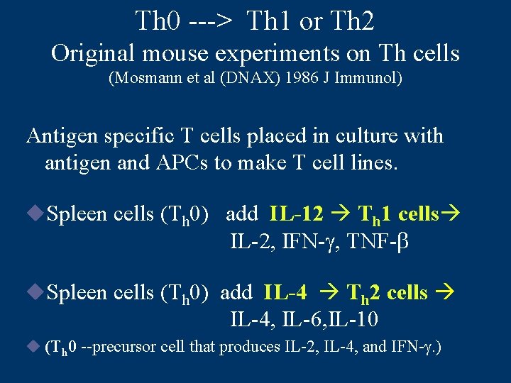 Th 0 ---> Th 1 or Th 2 Original mouse experiments on Th cells