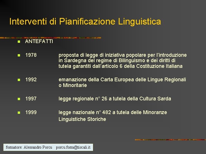 Interventi di Pianificazione Linguistica n ANTEFATTI n 1978 proposta di legge di iniziativa popolare
