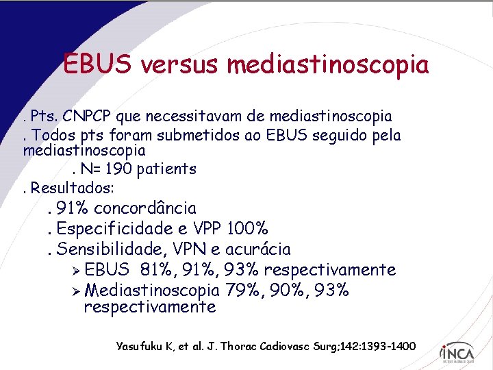 EBUS versus mediastinoscopia. Pts. CNPCP que necessitavam de mediastinoscopia. Todos pts foram submetidos ao
