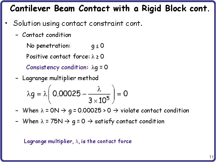 Cantilever Beam Contact with a Rigid Block cont. • Solution using contact constraint cont.