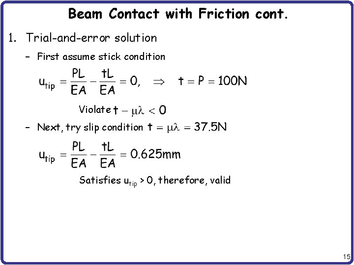 Beam Contact with Friction cont. 1. Trial-and-error solution – First assume stick condition Violate