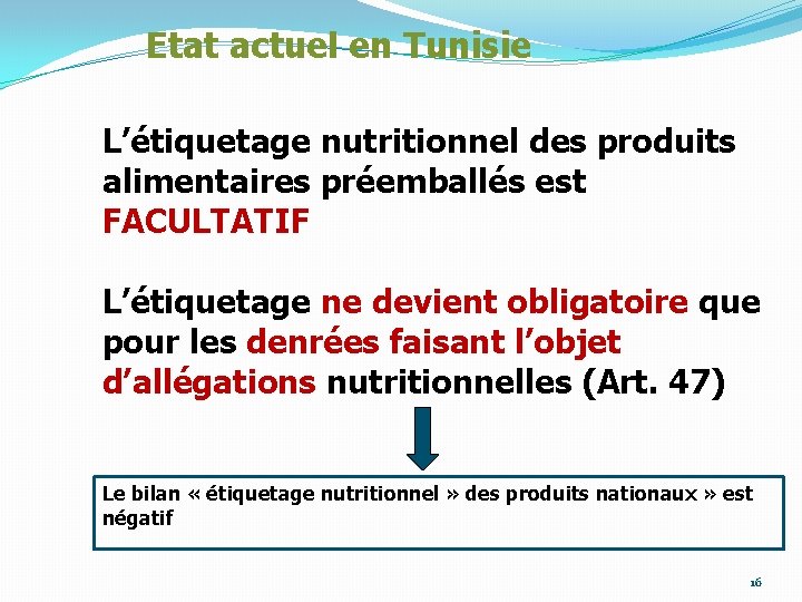 Etat actuel en Tunisie L’étiquetage nutritionnel des produits alimentaires préemballés est FACULTATIF L’étiquetage ne