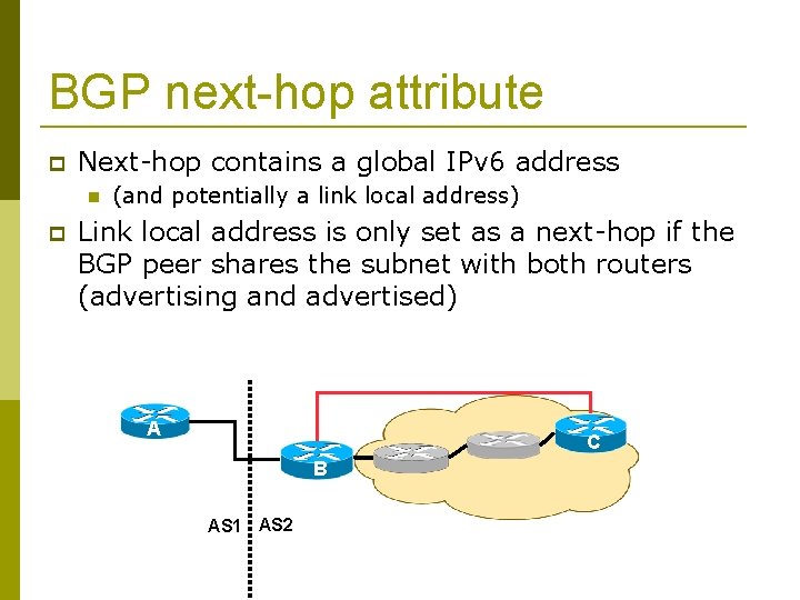 BGP next-hop attribute Next-hop contains a global IPv 6 address (and potentially a link