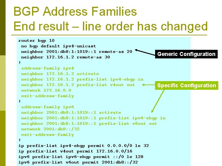 BGP Address Families End result – line order has changed router bgp 10 no