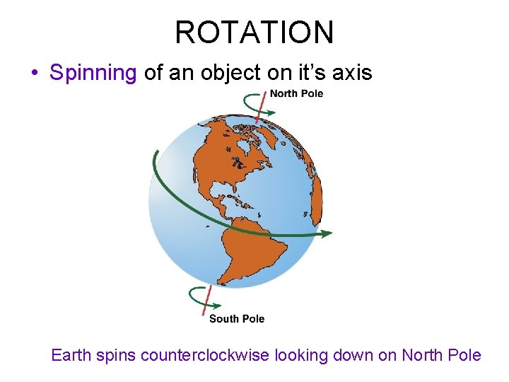 ROTATION • Spinning of an object on it’s axis Earth spins counterclockwise looking down