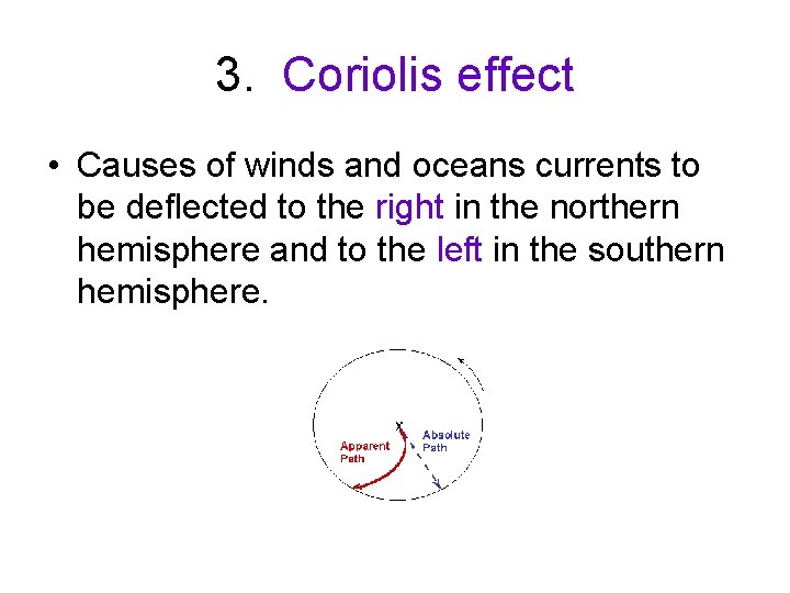 3. Coriolis effect • Causes of winds and oceans currents to be deflected to