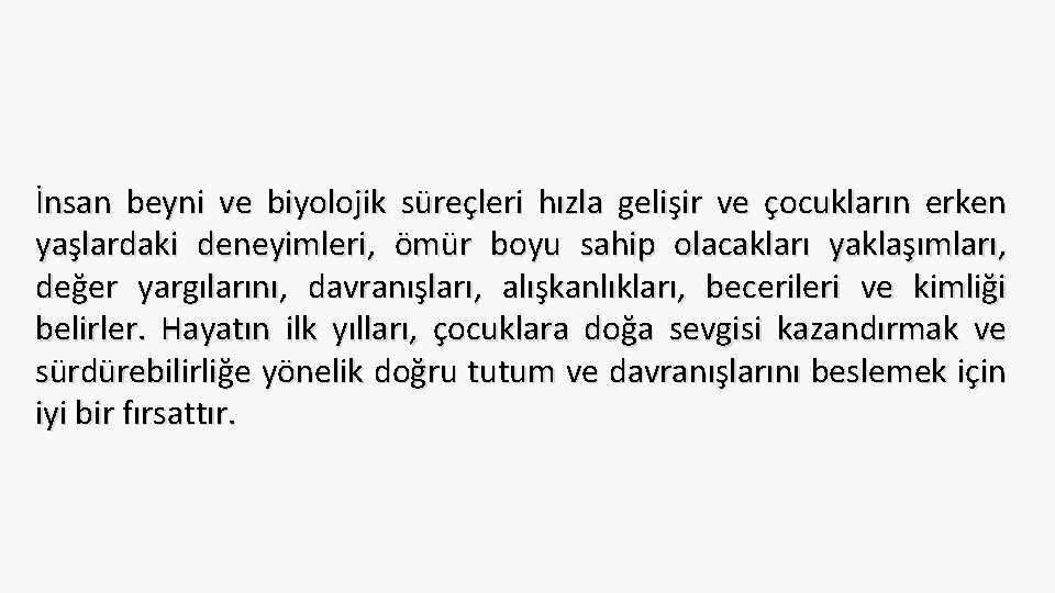 İnsan beyni ve biyolojik süreçleri hızla gelişir ve çocukların erken yaşlardaki deneyimleri, ömür boyu