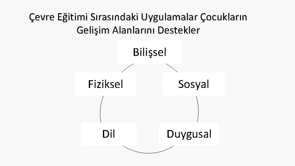 Çevre Eğitimi Sırasındaki Uygulamalar Çocukların Gelişim Alanlarını Destekler Bilişsel Fiziksel Dil Sosyal Duygusal 