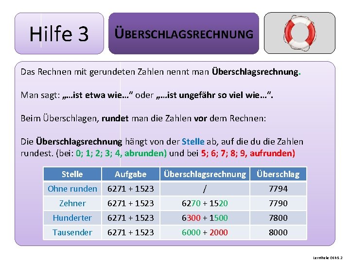 Hilfe 3 ÜBERSCHLAGSRECHNUNG Das Rechnen mit gerundeten Zahlen nennt man Überschlagsrechnung. Man sagt: „…ist