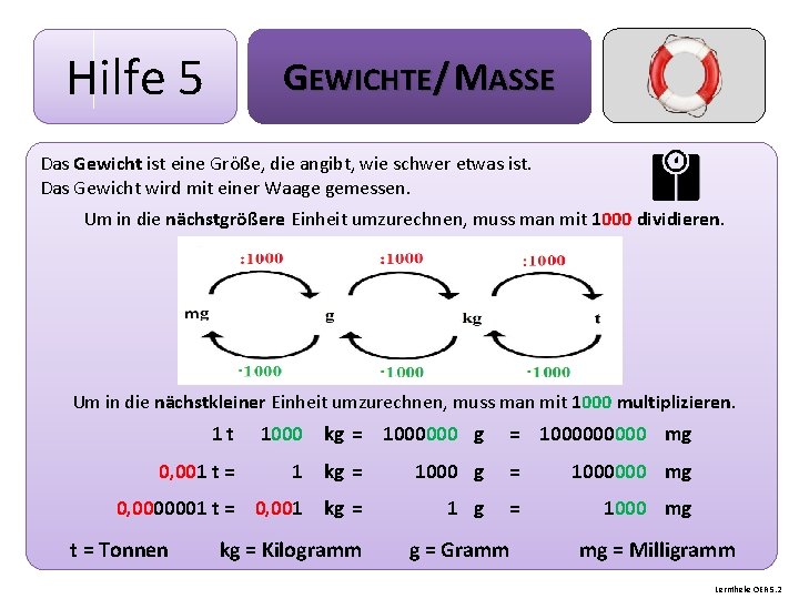 Hilfe 5 GEWICHTE/ MASSE Das Gewicht ist eine Größe, die angibt, wie schwer etwas