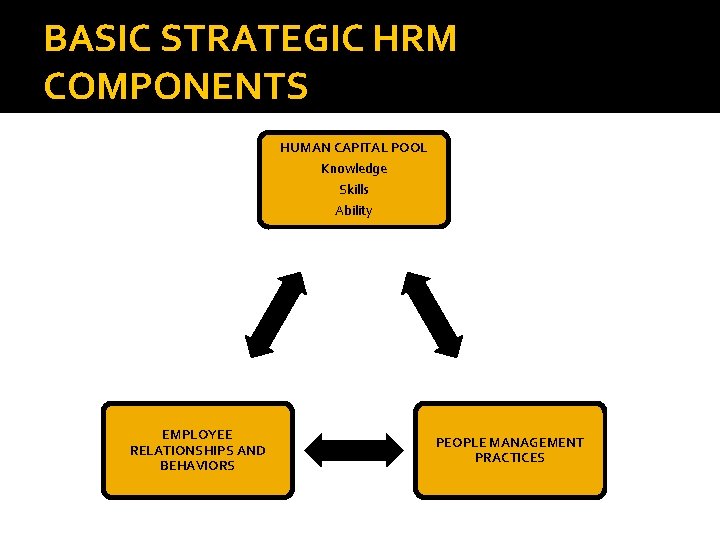 BASIC STRATEGIC HRM COMPONENTS HUMAN CAPITAL POOL Knowledge Skills Ability EMPLOYEE RELATIONSHIPS AND BEHAVIORS