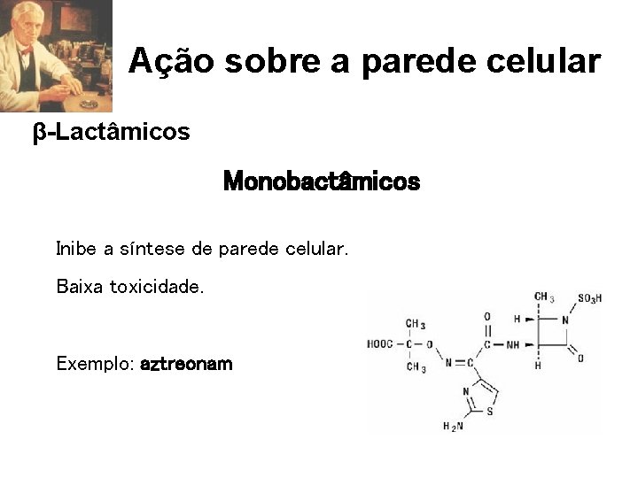 Ação sobre a parede celular β-Lactâmicos Monobactâmicos Inibe a síntese de parede celular. Baixa
