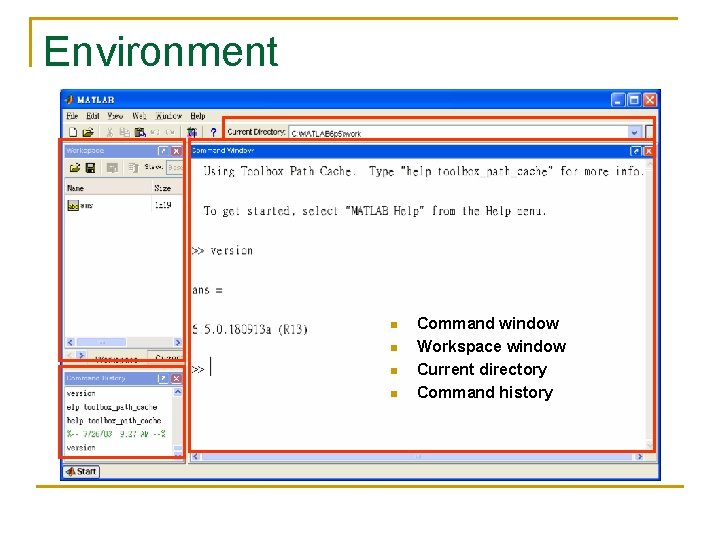 Environment n n Command window Workspace window Current directory Command history 