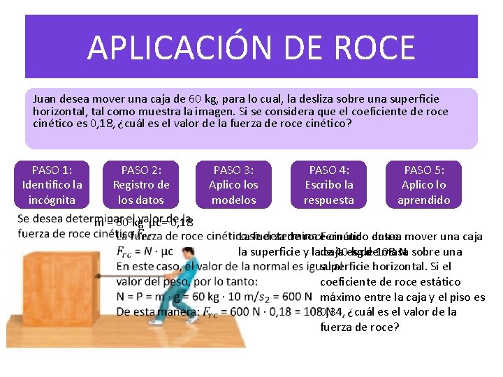 APLICACIÓN DE ROCE Juan desea mover una caja de 60 kg, para lo cual,