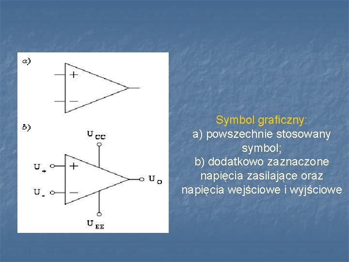 Symbol graficzny: a) powszechnie stosowany symbol; b) dodatkowo zaznaczone napięcia zasilające oraz napięcia wejściowe