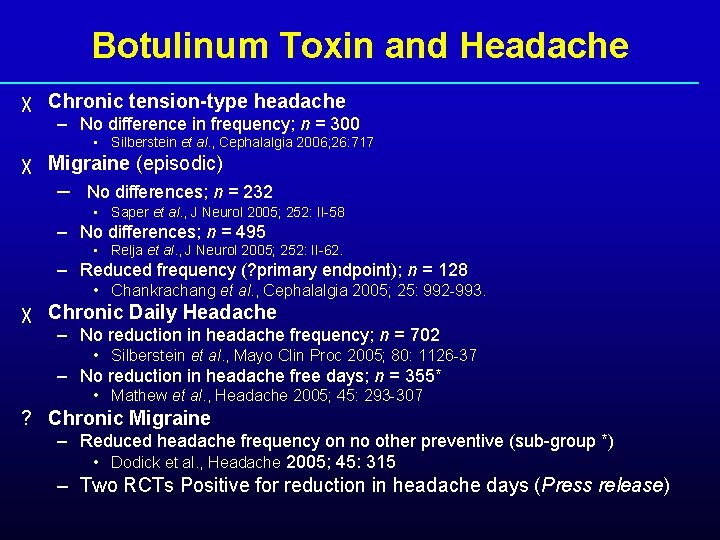 Botulinum Toxin and Headache χ Chronic tension-type headache – No difference in frequency; n