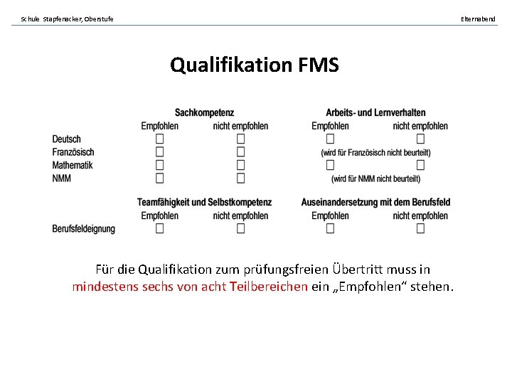 Schule Stapfenacker, Oberstufe Elternabend Qualifikation FMS Für die Qualifikation zum prüfungsfreien Übertritt muss in