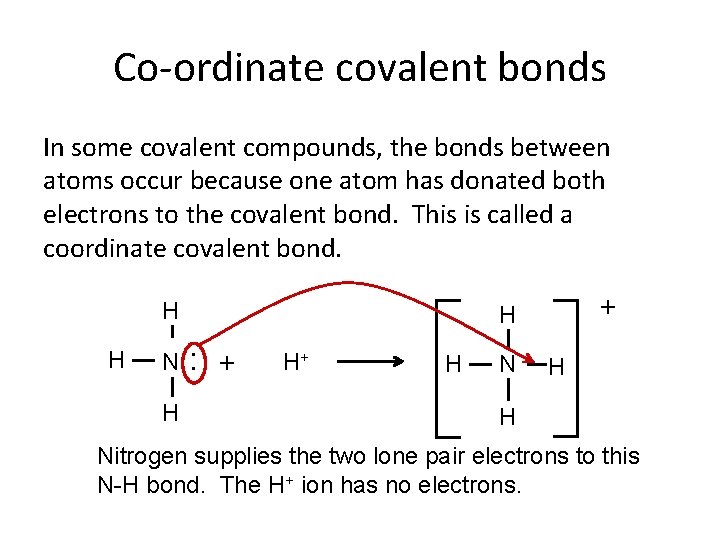 Co-ordinate covalent bonds In some covalent compounds, the bonds between atoms occur because one