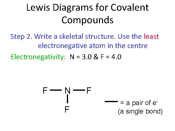 Lewis Diagrams for Covalent Compounds Step 2. Write a skeletal structure. Use the least