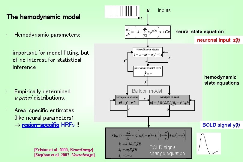 The hemodynamic model • u inputs t neural state equation Hemodynamic parameters: neuronal input