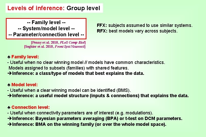 Levels of inference: Group level -- Family level --- System/model level --- Parameter/connection level