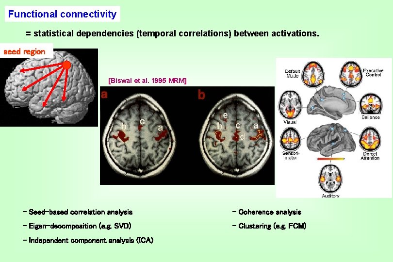 Functional connectivity = statistical dependencies (temporal correlations) between activations. seed region [Biswal et al.