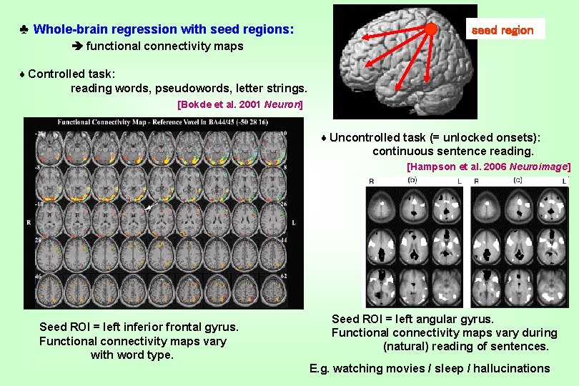 ♣ Whole-brain regression with seed regions: seed region functional connectivity maps ♦ Controlled task: