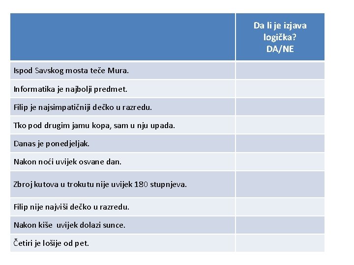 Da li je izjava logička? DA/NE Ispod Savskog mosta teče Mura. Informatika je najbolji