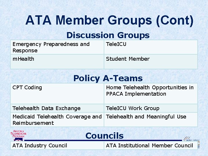 ATA Member Groups (Cont) Discussion Groups Emergency Preparedness and Response Tele. ICU m. Health