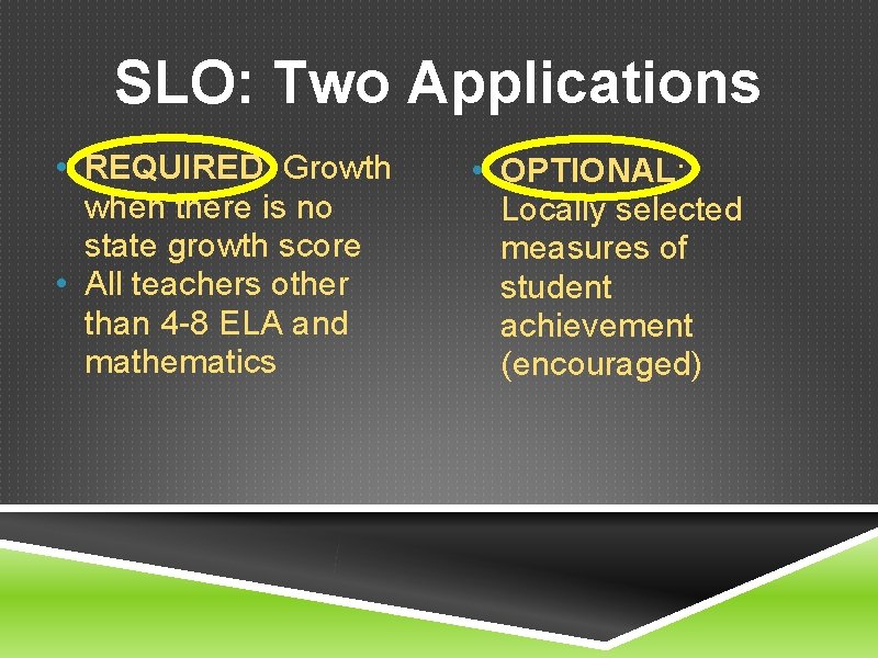 SLO: Two Applications • REQUIRED: Growth when there is no state growth score •