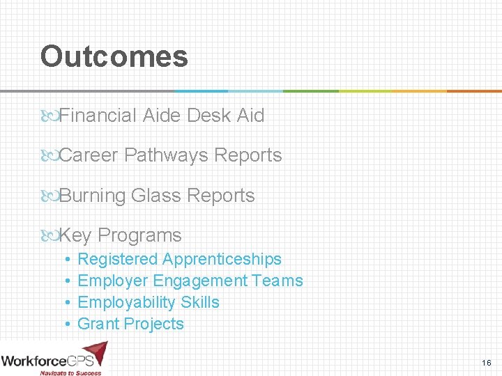 Outcomes Financial Aide Desk Aid Career Pathways Reports Burning Glass Reports Key Programs •