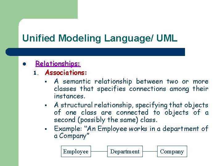 Unified Modeling Language/ UML l Relationships: 1. Associations: § A semantic relationship between two
