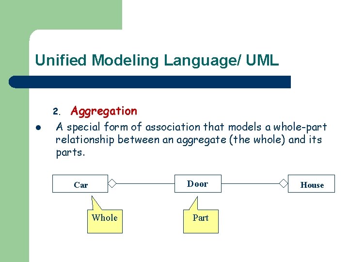 Unified Modeling Language/ UML 2. l Aggregation A special form of association that models