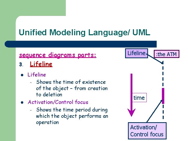 Unified Modeling Language/ UML sequence diagrams parts: 3. Lifeline l l Lifeline – Shows