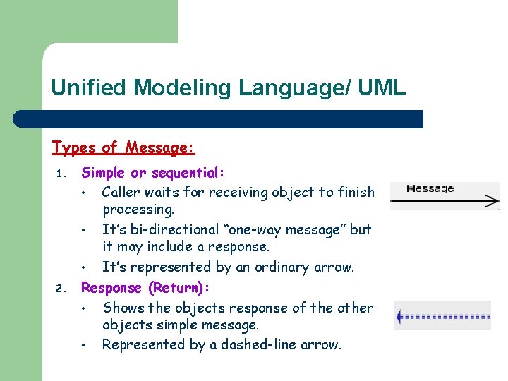 Unified Modeling Language/ UML Types of Message: 1. 2. Simple or sequential: • Caller