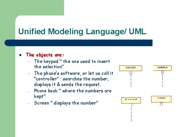 Unified Modeling Language/ UML l The objects are: – The keypad “ the one