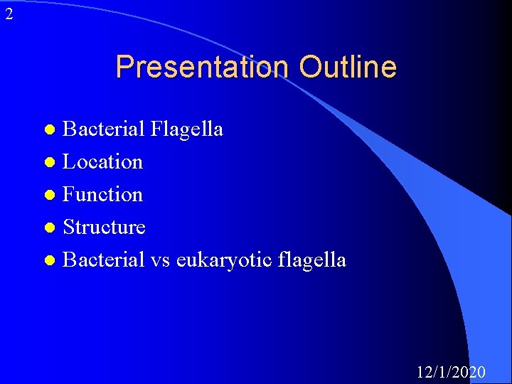 2 Presentation Outline Bacterial Flagella l Location l Function l Structure l Bacterial vs