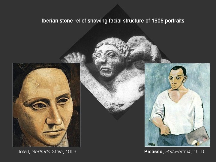 Iberian stone relief showing facial structure of 1906 portraits Detail, Gertrude Stein, 1906 Picasso,