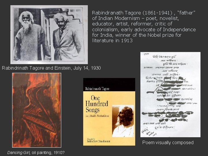 Rabindranath Tagore (1861 -1941) , “father” of Indian Modernism – poet, novelist, educator, artist,