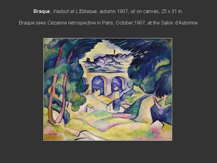 Braque, Viaduct at L'Estaque, autumn 1907, oil on canvas, 25 x 31 in. Braque