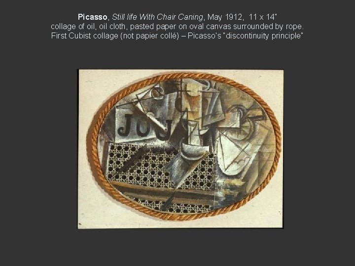 Picasso, Still life With Chair Caning, May 1912, 11 x 14” collage of oil,