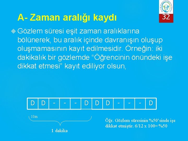 32 A- Zaman aralığı kaydı Gözlem süresi eşit zaman aralıklarına bölünerek, bu aralık içinde